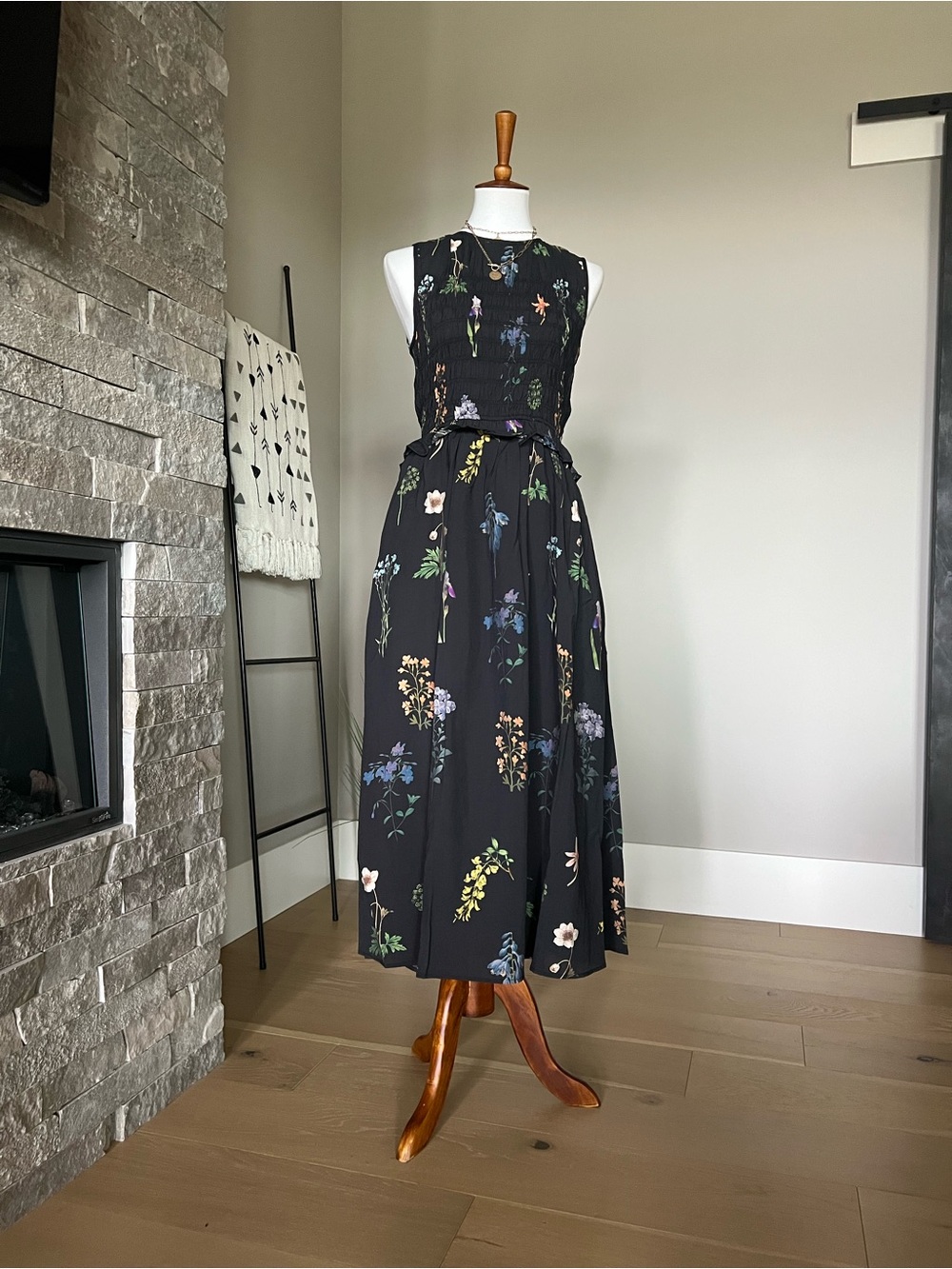 Black Floral Midi Dress - Sleeveless Smocked Bodice